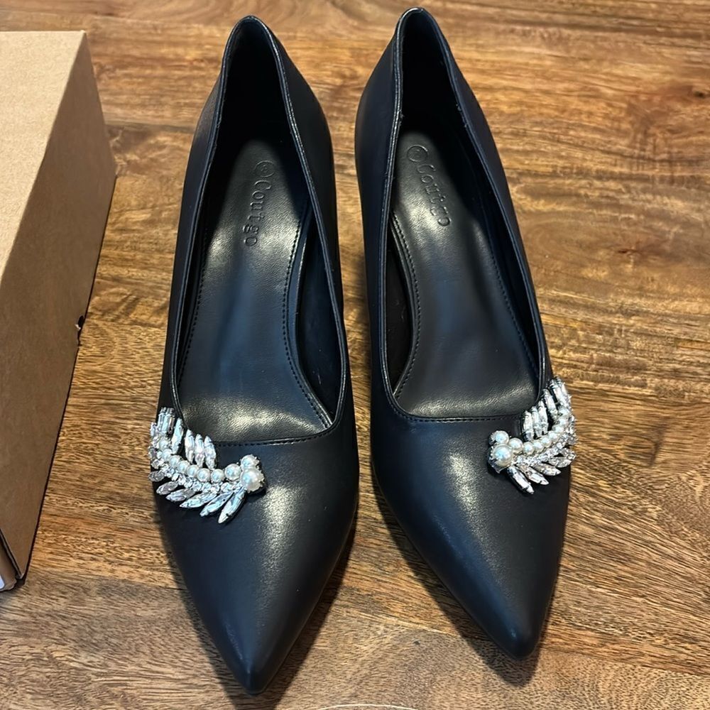 Coutgo Womens Pointed Toe Rhinestones Pumps Kitten 3” Heels Black Slip On Shoe